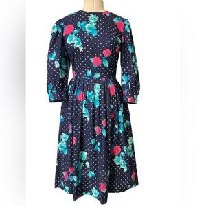 Vintage Lanz Dress Size 12 80s Floral Polka Dot Retro Mixed Print Romantic